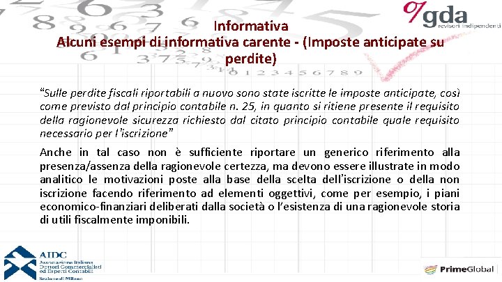 Informativa Alcuni esempi di informativa carente - (Imposte anticipate su perdite) “Sulle perdite fiscali