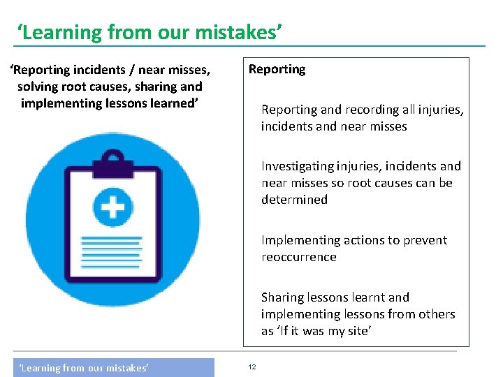 ‘Learning from our mistakes’ ‘Reporting incidents / near misses, solving root causes, sharing and