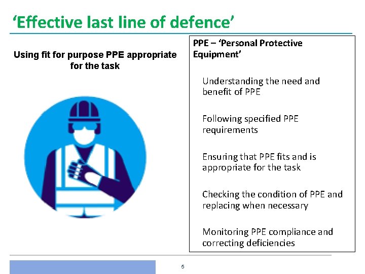 ‘Effective last line of defence’ PPE – ‘Personal Protective Equipment’ Using fit for purpose