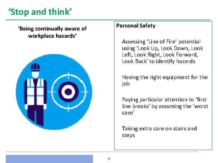 ‘Stop and think’ Personal Safety ‘Being continually aware of workplace hazards’ Assessing ‘Line of