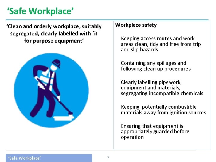 ‘Safe Workplace’ Workplace safety ‘Clean and orderly workplace, suitably segregated, clearly labelled with fit