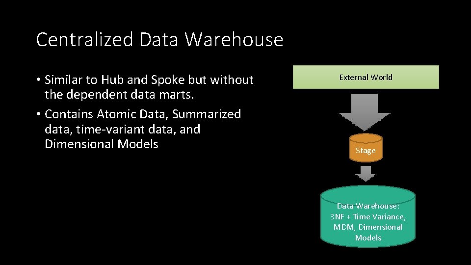 Centralized Data Warehouse • Similar to Hub and Spoke but without the dependent data
