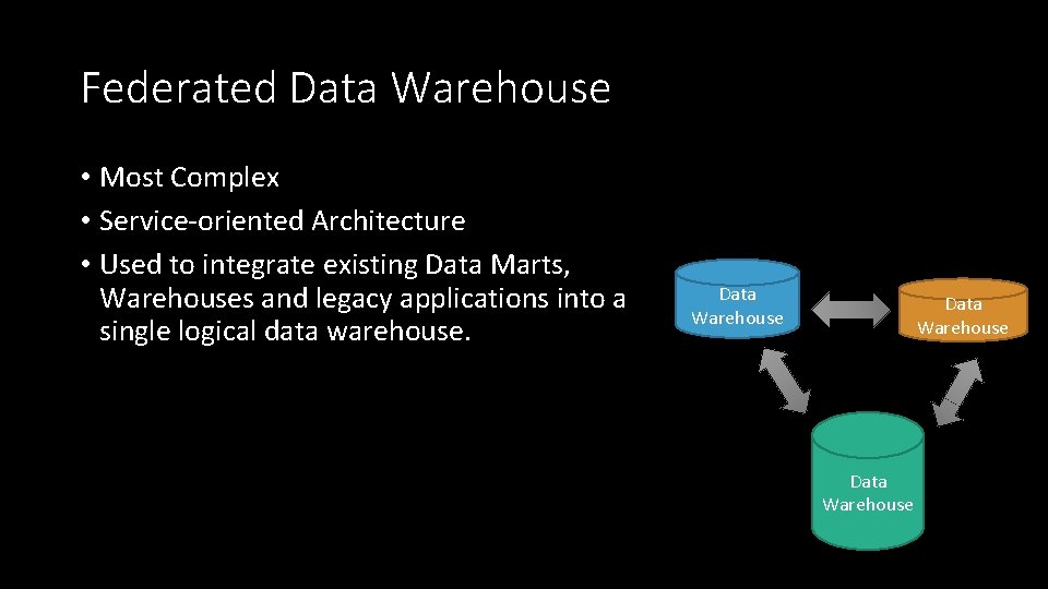 Federated Data Warehouse • Most Complex • Service-oriented Architecture • Used to integrate existing