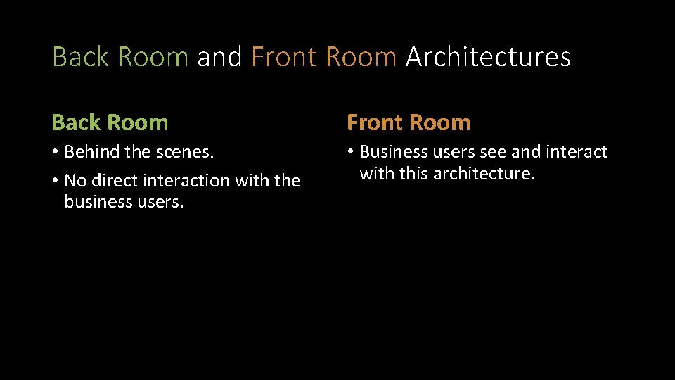 Back Room and Front Room Architectures Back Room Front Room • Behind the scenes.