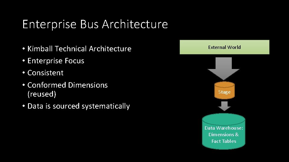 Enterprise Bus Architecture • Kimball Technical Architecture • Enterprise Focus • Consistent • Conformed