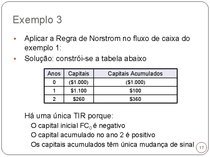 Exemplo 3 • • Aplicar a Regra de Norstrom no fluxo de caixa do