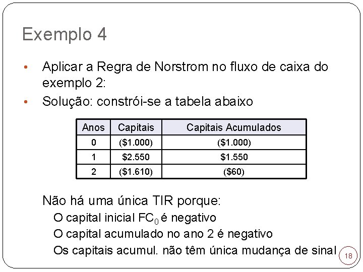 Exemplo 4 • • Aplicar a Regra de Norstrom no fluxo de caixa do