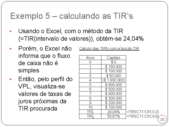 Exemplo 5 – calculando as TIR’s • Usando o Excel, com o método da