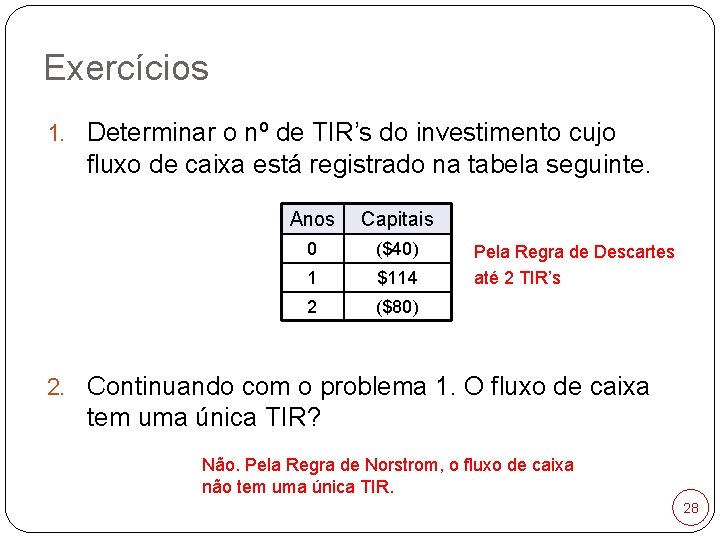 Exercícios 1. Determinar o nº de TIR’s do investimento cujo fluxo de caixa está