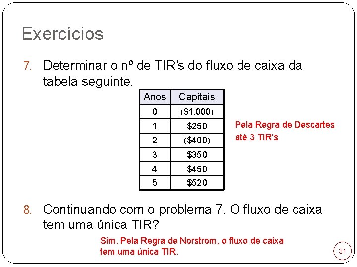 Exercícios 7. Determinar o nº de TIR’s do fluxo de caixa da tabela seguinte.