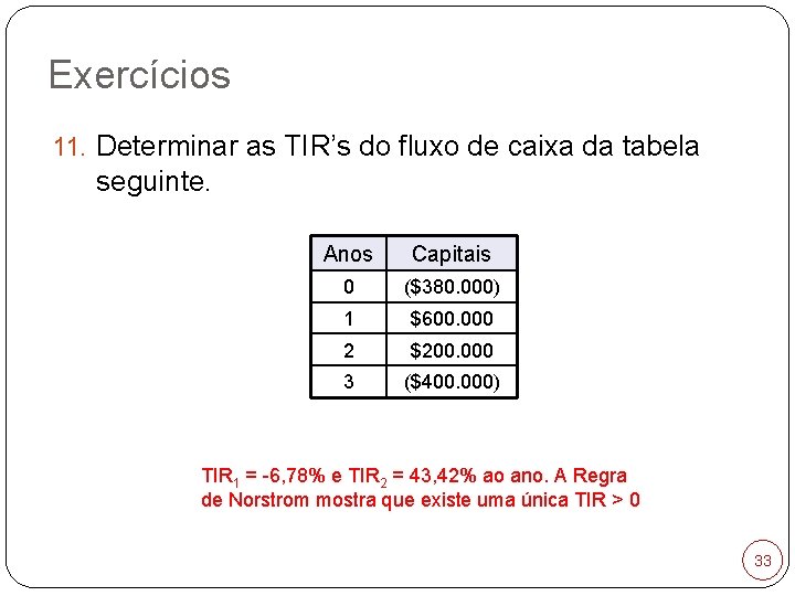 Exercícios 11. Determinar as TIR’s do fluxo de caixa da tabela seguinte. Anos Capitais