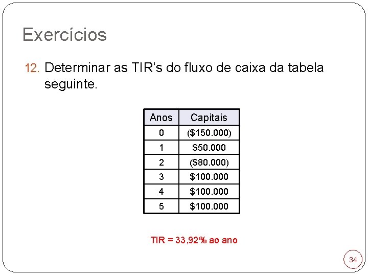 Exercícios 12. Determinar as TIR’s do fluxo de caixa da tabela seguinte. Anos Capitais