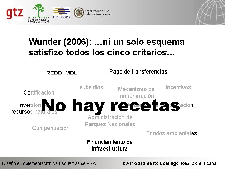 Wunder (2006): …ni un solo esquema satisfizo todos los cinco criterios… Pago de transferencias