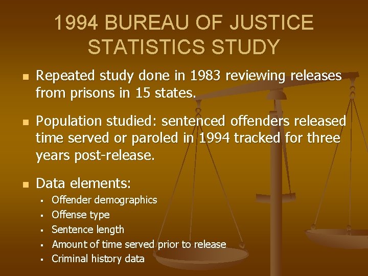 1994 BUREAU OF JUSTICE STATISTICS STUDY n n n Repeated study done in 1983 1994 BUREAU OF JUSTICE STATISTICS STUDY n n n Repeated study done in 1983