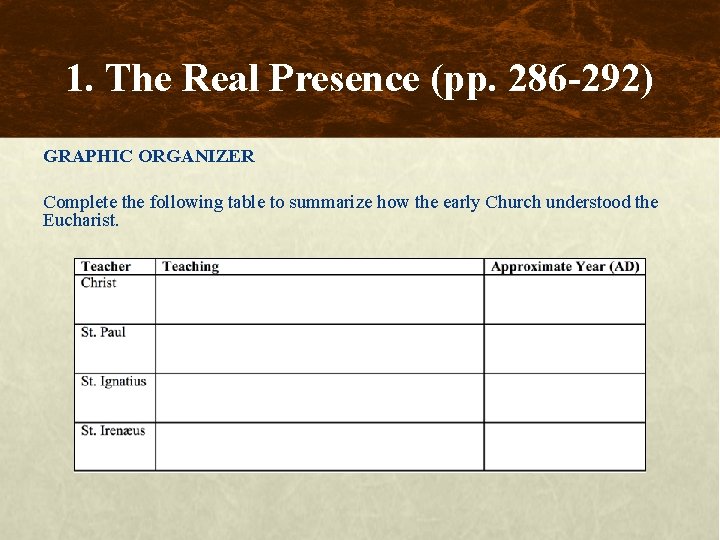 1. The Real Presence (pp. 286 -292) GRAPHIC ORGANIZER Complete the following table to