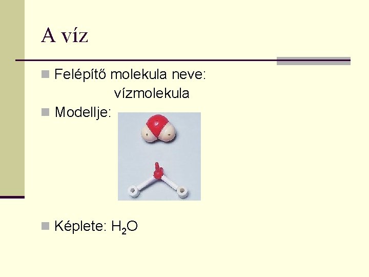 A víz n Felépítő molekula neve: vízmolekula n Modellje: n Képlete: H 2 O