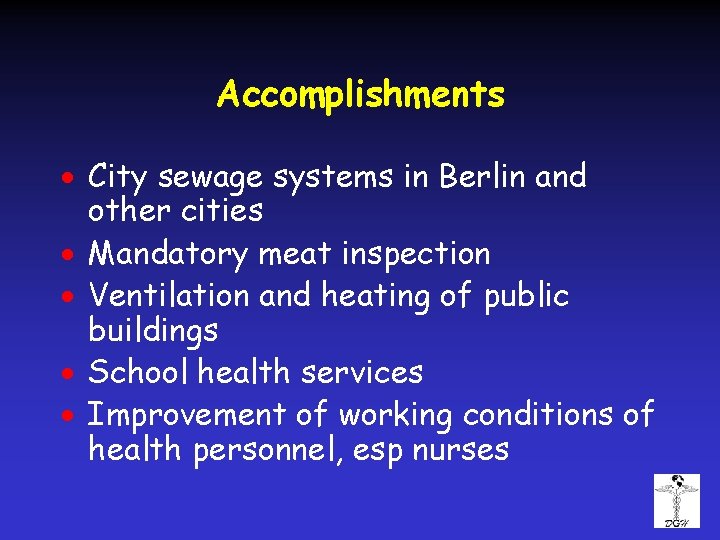 Accomplishments · City sewage systems in Berlin and other cities · Mandatory meat inspection