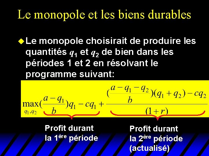 Le monopole et les biens durables u Le monopole choisirait de produire les quantités