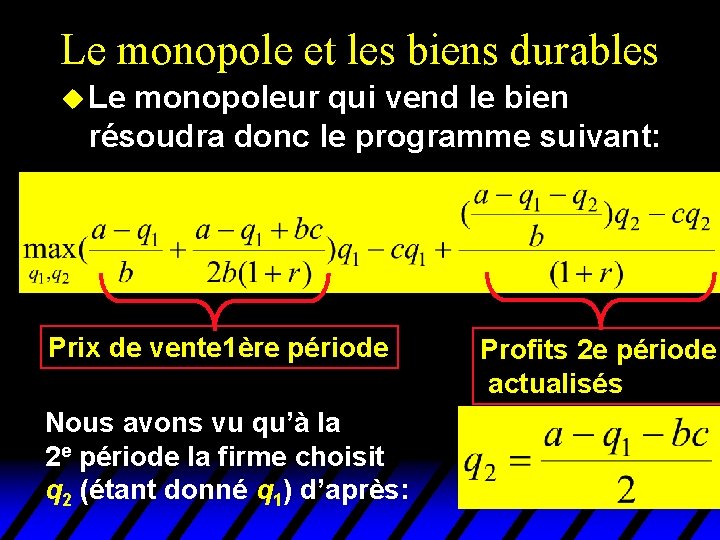 Le monopole et les biens durables u Le monopoleur qui vend le bien résoudra