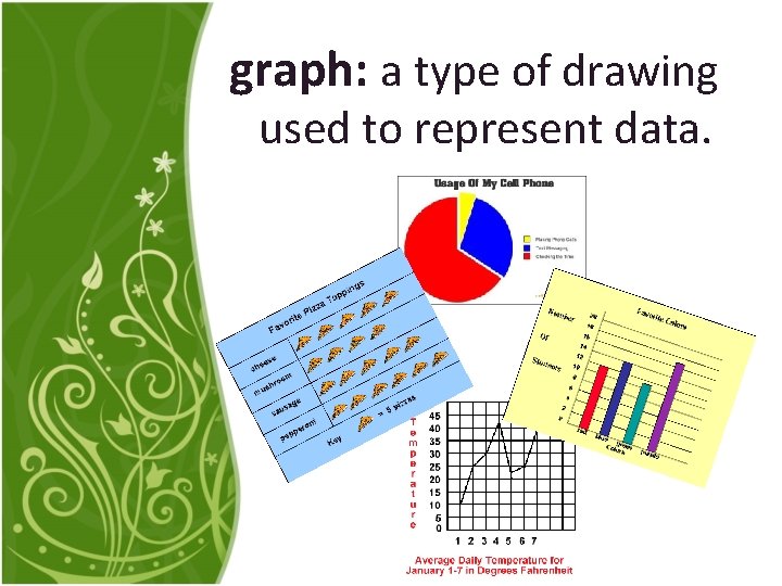 graph: a type of drawing used to represent data. 