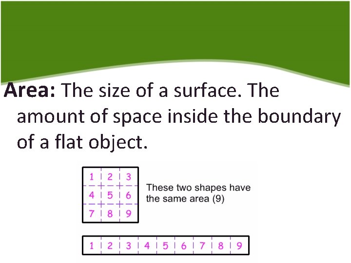 Area: The size of a surface. The amount of space inside the boundary of