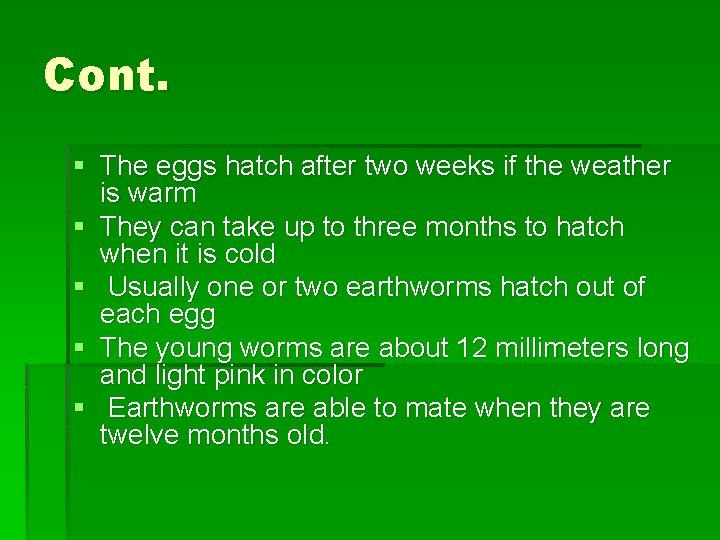 Cont. § The eggs hatch after two weeks if the weather is warm §