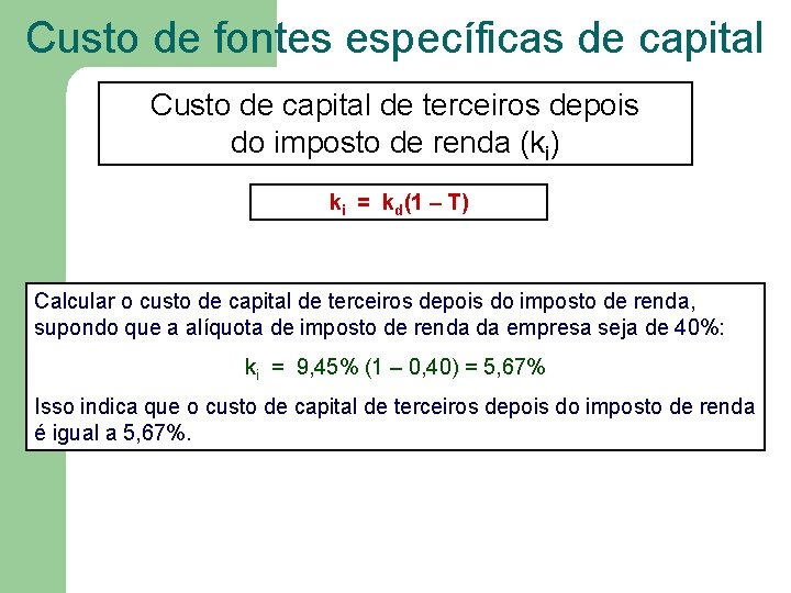 Custo de fontes específicas de capital Custo de capital de terceiros depois do imposto