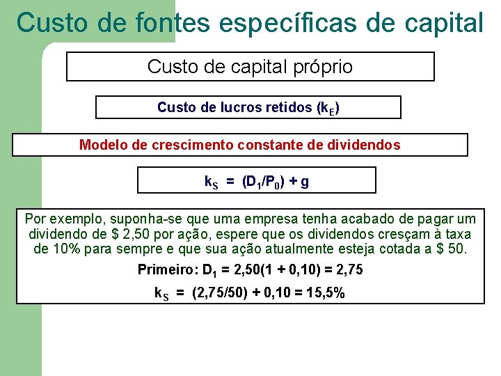 Custo de fontes específicas de capital Custo de capital próprio Custo de lucros retidos