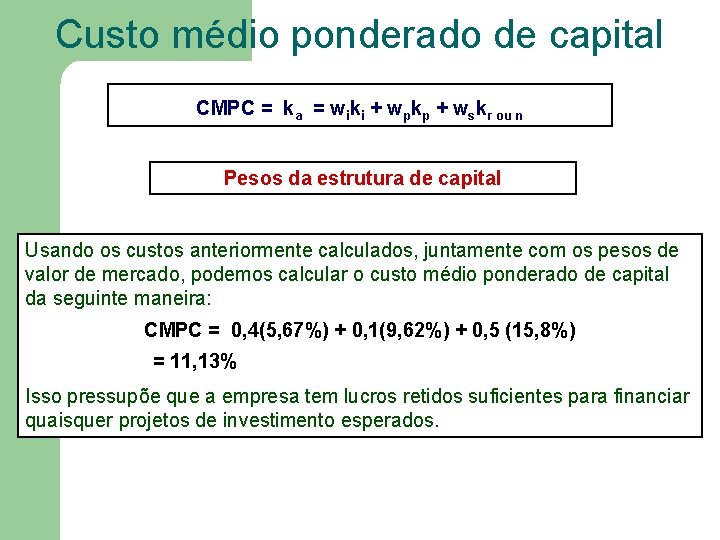 Custo médio ponderado de capital CMPC = ka = wiki + wpkp + wskr