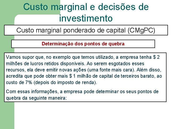 Custo marginal e decisões de investimento Custo marginal ponderado de capital (CMg. PC) Determinação