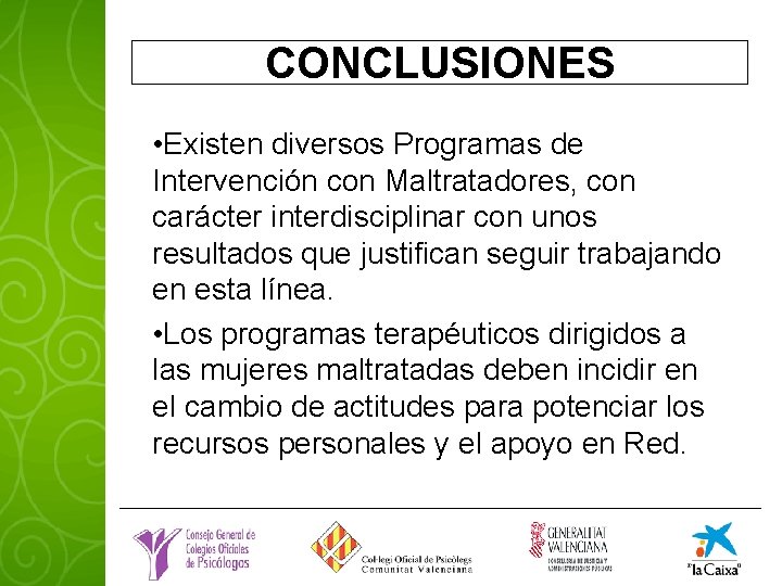 CONCLUSIONES • Existen diversos Programas de Intervención con Maltratadores, con carácter interdisciplinar con unos