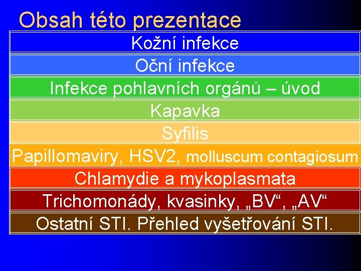 Obsah této prezentace Kožní infekce Oční infekce Infekce pohlavních orgánů – úvod Kapavka Syfilis