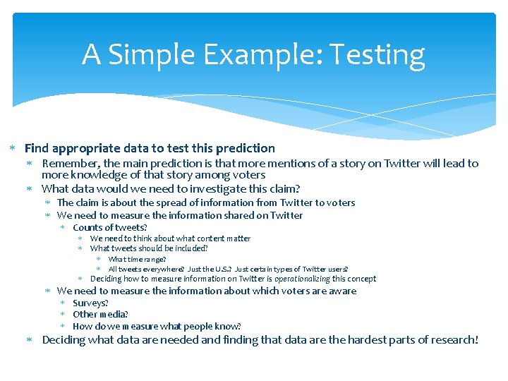 A Simple Example: Testing Find appropriate data to test this prediction Remember, the main