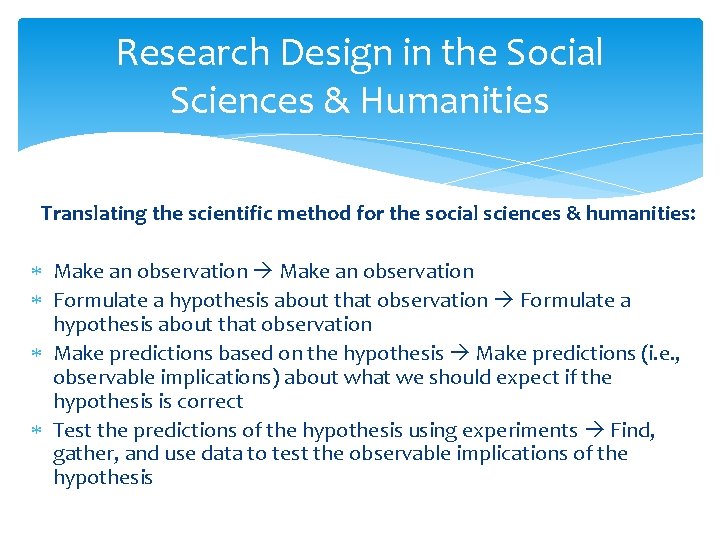 Research Design in the Social Sciences & Humanities Translating the scientific method for the