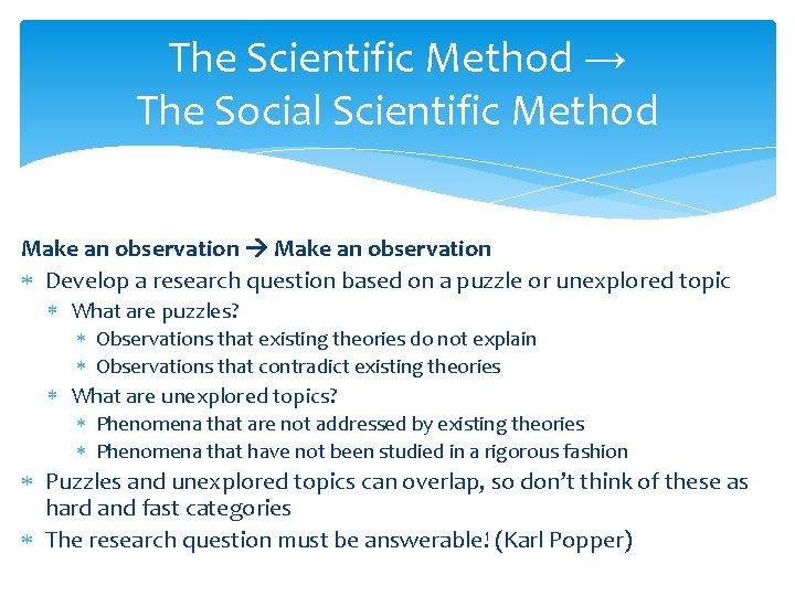 The Scientific Method → The Social Scientific Method Make an observation Develop a research