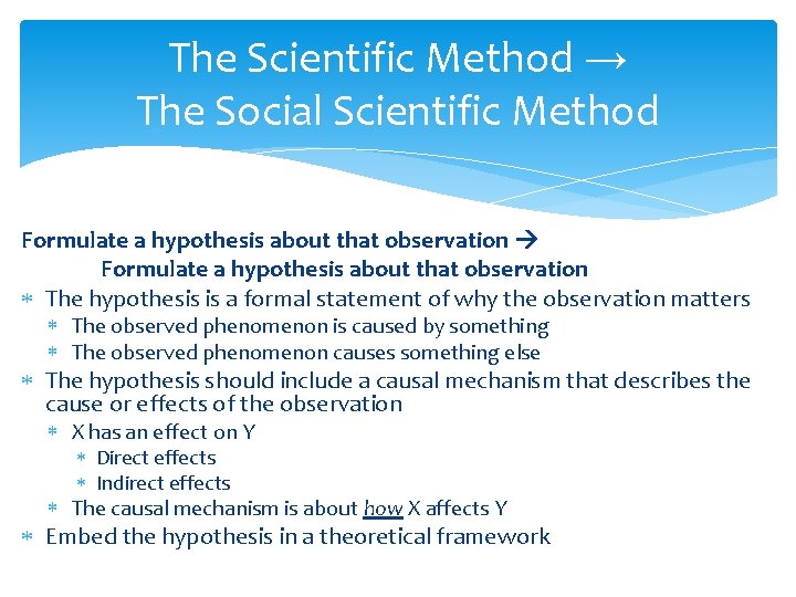 The Scientific Method → The Social Scientific Method Formulate a hypothesis about that observation