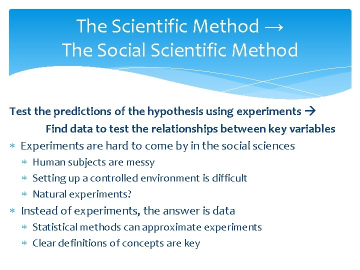 The Scientific Method → The Social Scientific Method Test the predictions of the hypothesis