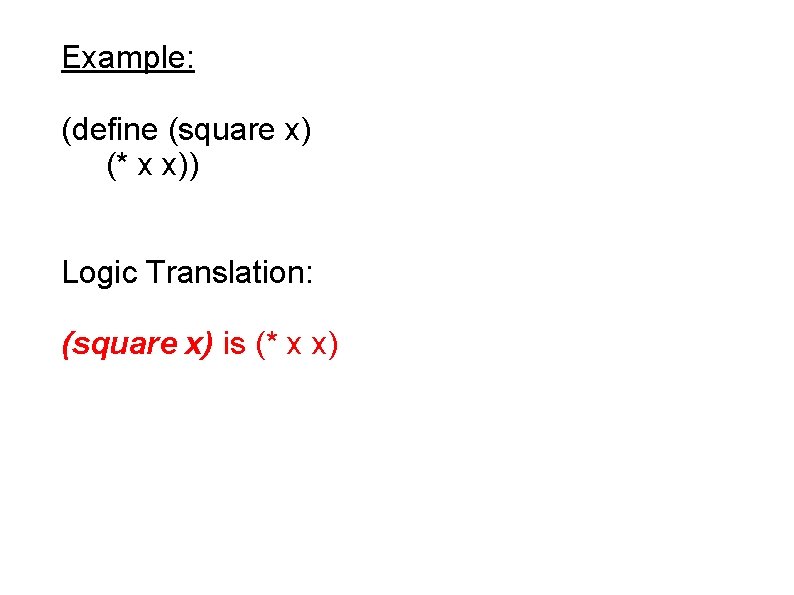 Example: (define (square x) (* x x)) Logic Translation: (square x) is (* x