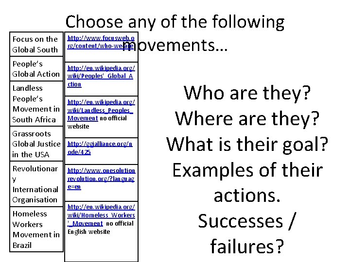 Choose any of the following Focus on the movements… Global South http: //www. focusweb.