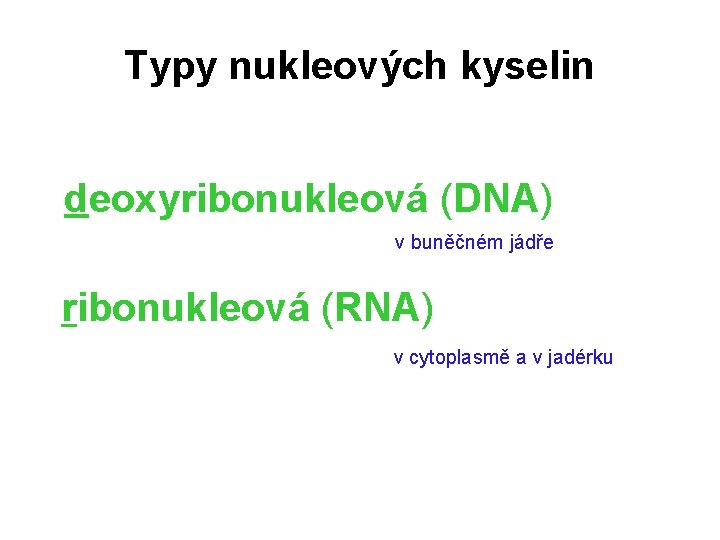 Typy nukleových kyselin deoxyribonukleová (DNA) v buněčném jádře ribonukleová (RNA) v cytoplasmě a v