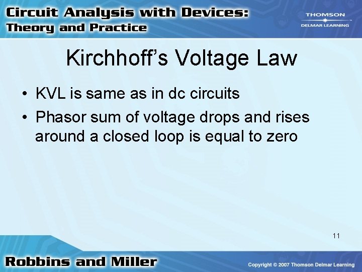 Kirchhoff’s Voltage Law • KVL is same as in dc circuits • Phasor sum