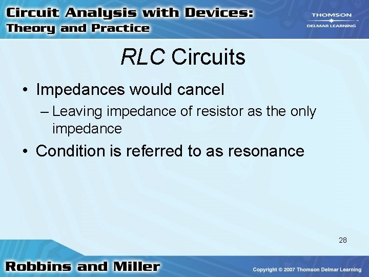 RLC Circuits • Impedances would cancel – Leaving impedance of resistor as the only
