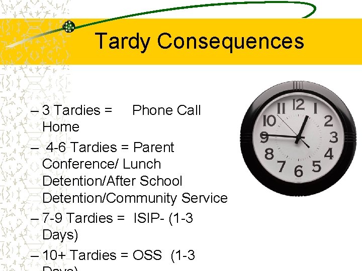 Tardy Consequences – 3 Tardies = Phone Call Home – 4 -6 Tardies =