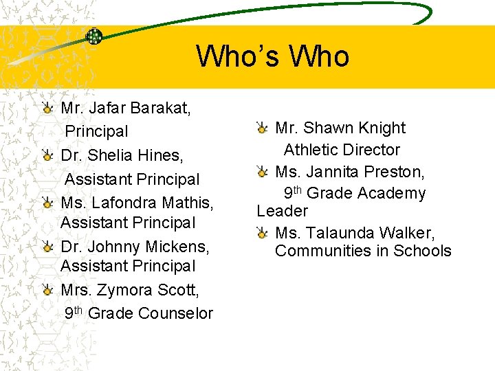 Who’s Who Mr. Jafar Barakat, Principal Dr. Shelia Hines, Assistant Principal Ms. Lafondra Mathis,