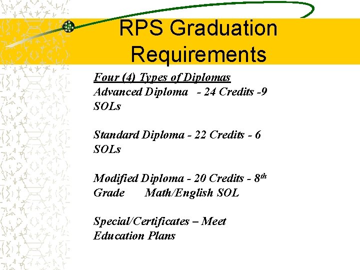 RPS Graduation Requirements Four (4) Types of Diplomas Advanced Diploma - 24 Credits -9