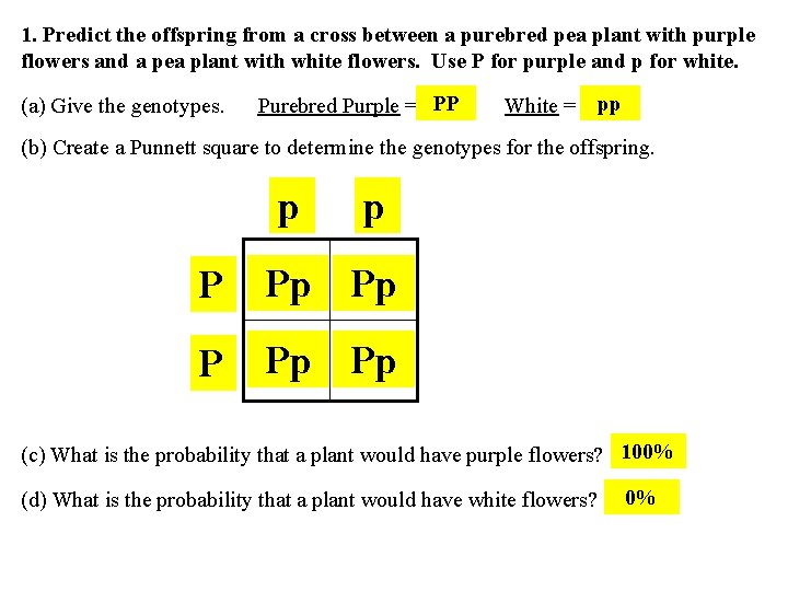 1. Predict the offspring from a cross between a purebred pea plant with purple