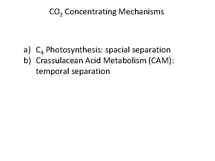CO 2 Concentrating Mechanisms a) C 4 Photosynthesis: spacial separation b) Crassulacean Acid Metabolism