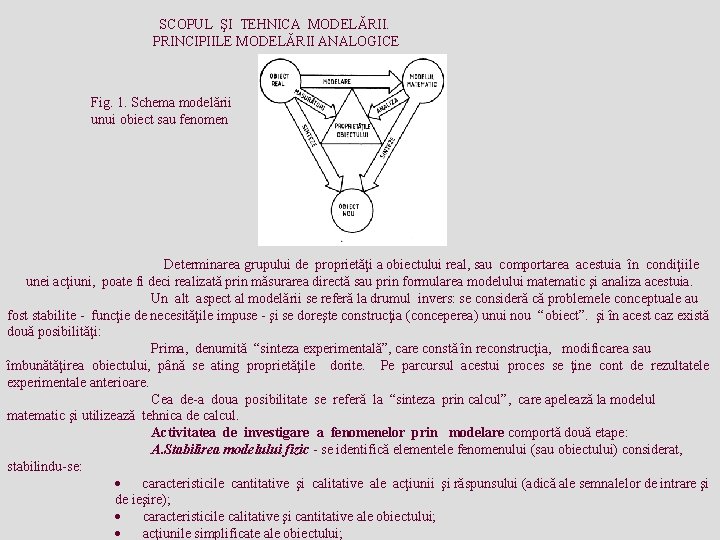 SCOPUL ŞI TEHNICA MODELĂRII. PRINCIPIILE MODELĂRII ANALOGICE Fig. 1. Schema modelării unui obiect sau