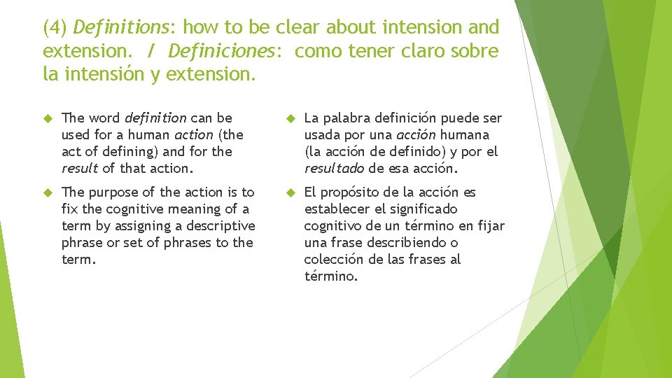 (4) Definitions: how to be clear about intension and extension. / Definiciones: como tener