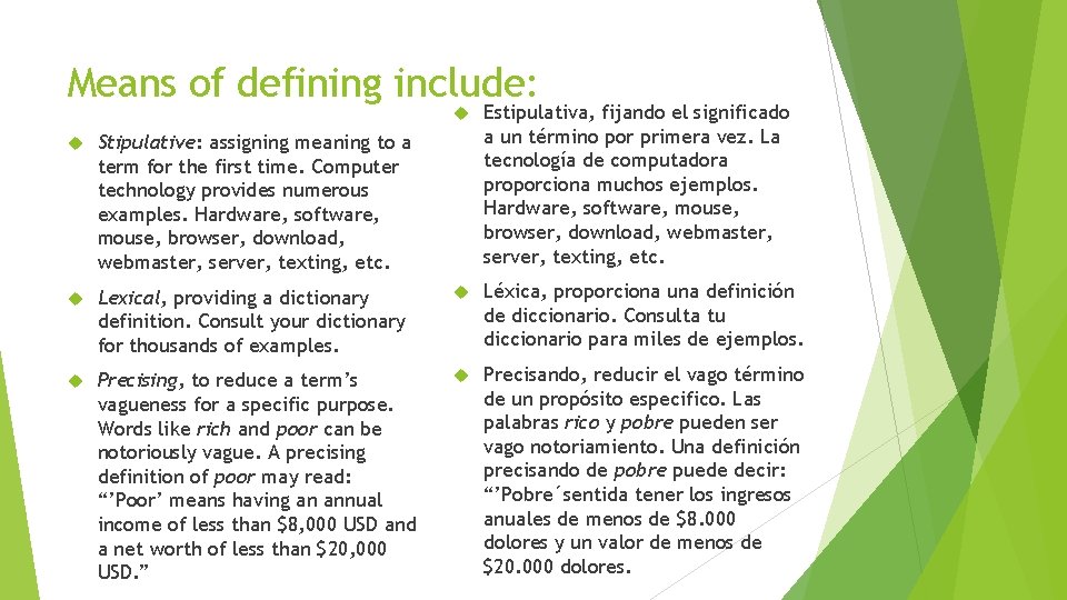 Means of defining include: Estipulativa, fijando el significado a un término por primera vez.